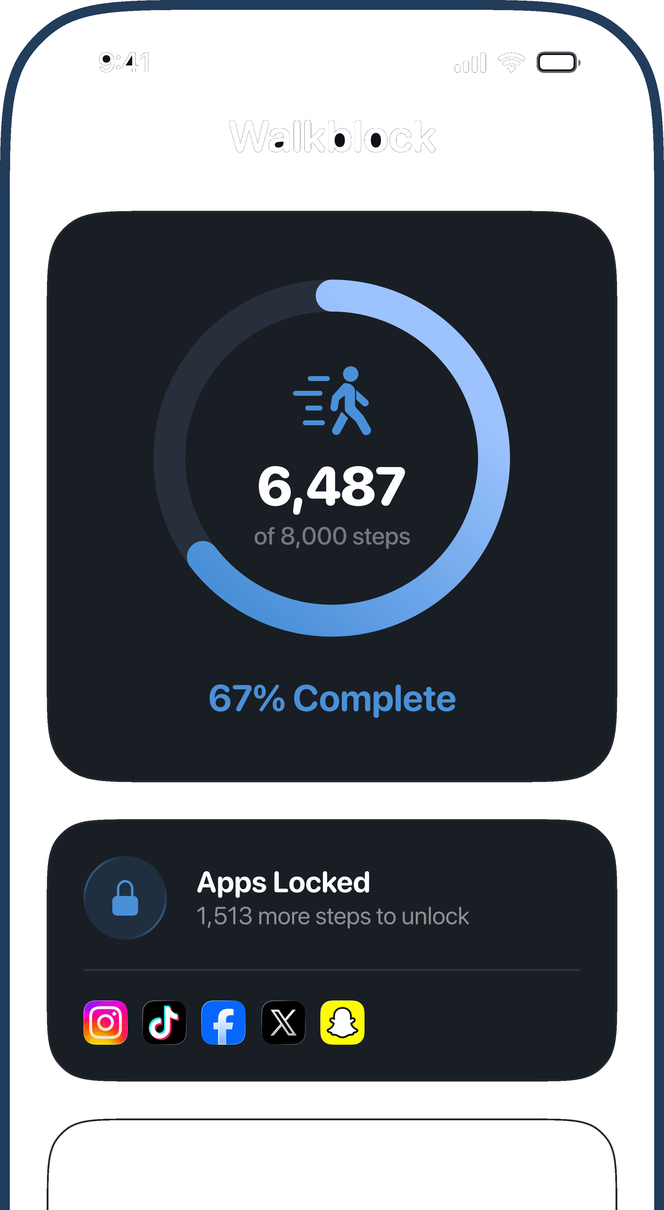 WalkBlock dashboard showing 6,487 of 8,000 steps with apps still locked