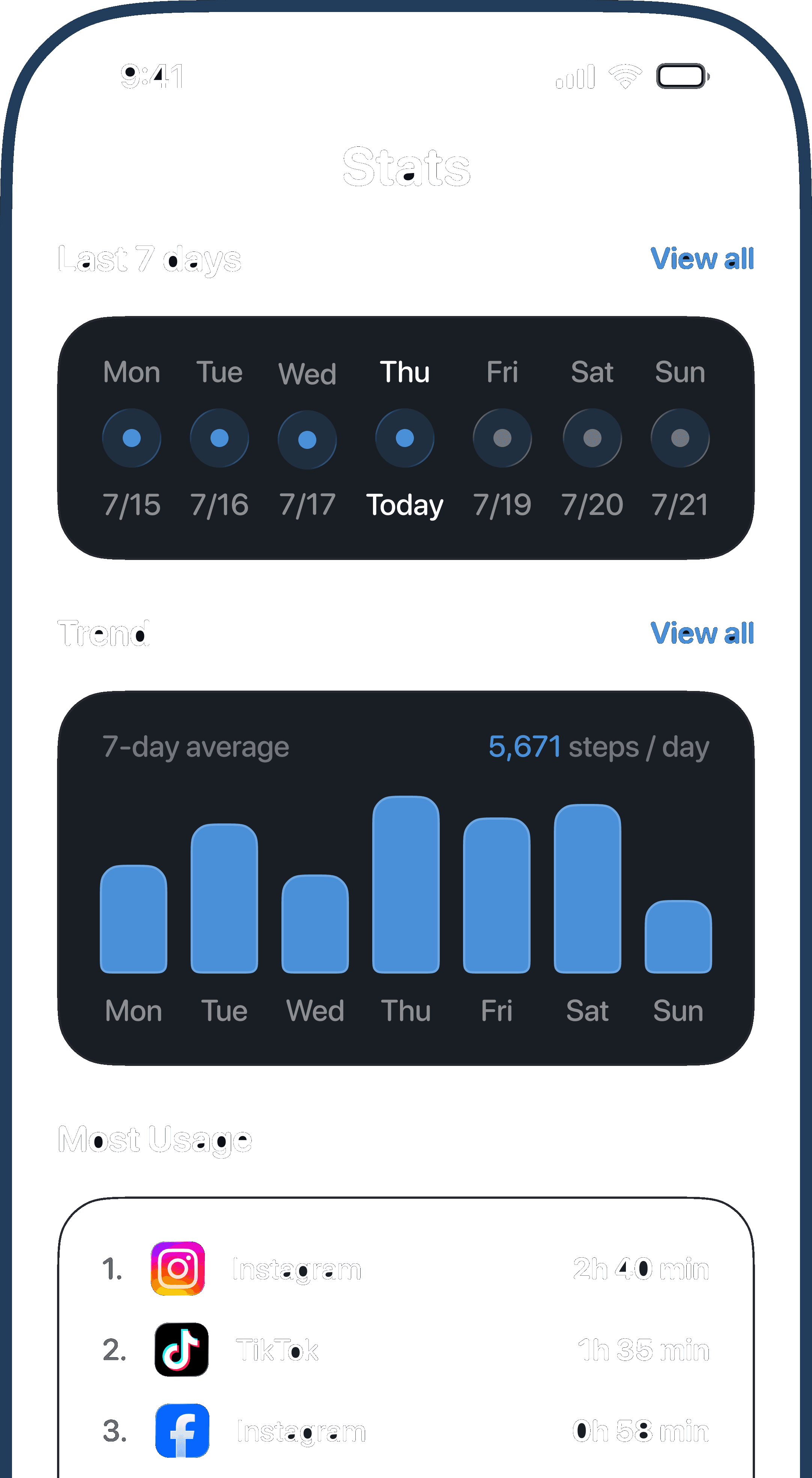 WalkBlock stats screen with a 7 day streak and step trend
